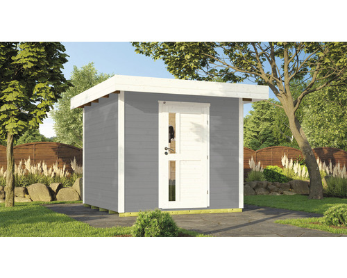 Gartenhaus weka DH 172 Gr. 2 inkl. Fußboden 275 x 375 cm grau Graues Gartenhaus mit weißer Tür im Garten.