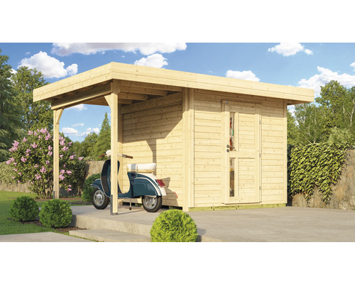 Gartenhaus weka DH 172 A Gr. 1 inkl. Fußboden 314 x 430 cm natur Holzgartenhaus mit Vordach und einem Roller
