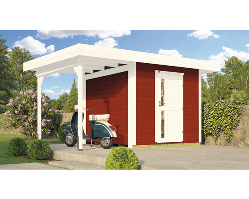 Gartenhaus weka DH 172 A Gr. 1 inkl. Fußboden 314 x 430 cm rot Holzgartenhaus mit Unterstand und Motorroller im Garten