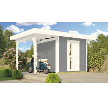 Holzgarage mit Anbau und Motorroller im Garten