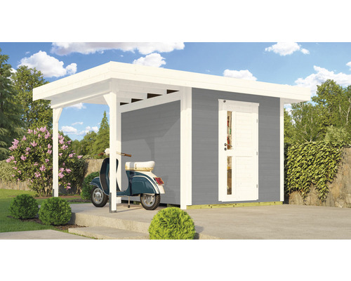 Gartenhaus weka DH 172 A Gr. 1 inkl. Fußboden 314 x 430 cm grau Holzgarage mit Anbau und Motorroller im Garten