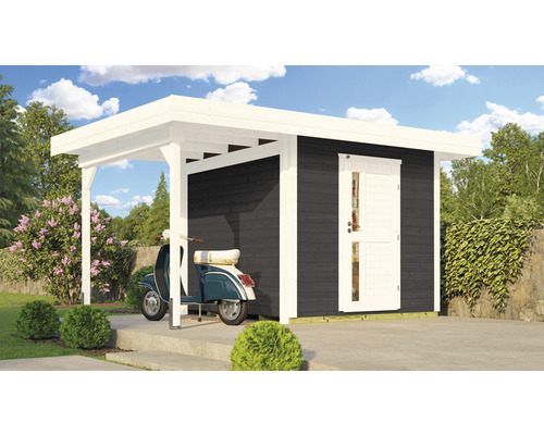 Gartenhaus weka DH 172 A Gr. 1 inkl. Fußboden 314 x 430 cm anthrazit Holzgarage mit Abstellraum und Motorroller im Garten