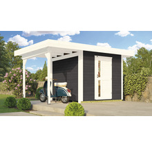 Gartenhaus mit Unterstand und Motorroller im Garten
