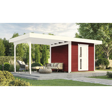 Gartenhaus mit überdachter Terrasse und Gartenmöbeln auf Rasen