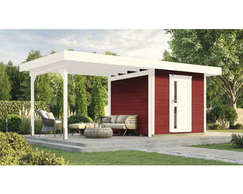 Gartenhaus weka DH 172 B Gr. 1 inkl. Fußboden 575 x 314 cm rot Gartenhaus mit überdachter Terrasse und Gartenmöbeln auf Rasen