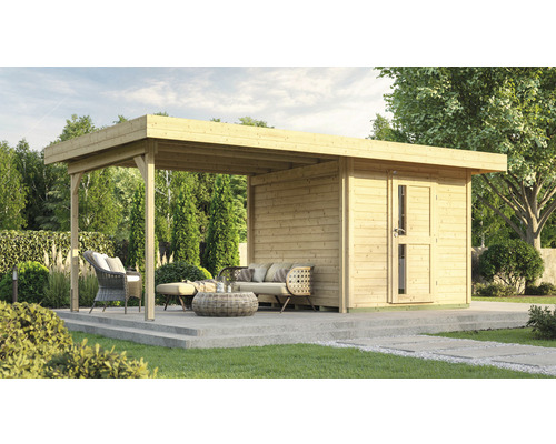 Gartenhaus weka DH 172 B Gr. 2 inkl. Fußboden 575 x 375 cm natur Gartenhaus mit Überdachung und Sitzmöbeln im Garten