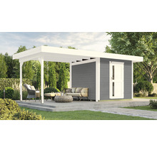 Gartenhaus mit überdachter Terrasse und Gartenmöbeln im Außenbereich