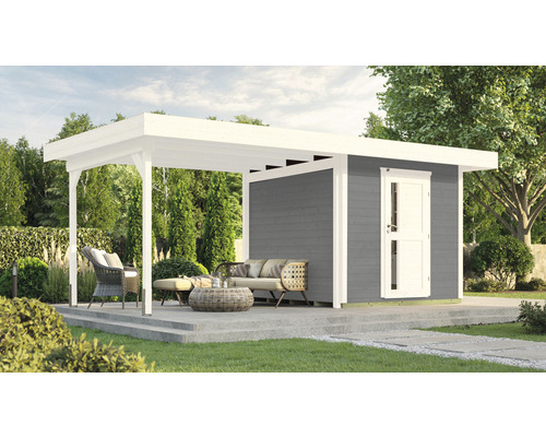 Gartenhaus weka DH 172 B Gr. 2 inkl. Fußboden 575 x 375 cm grau Gartenhaus mit überdachter Terrasse und Gartenmöbeln im Außenbereich