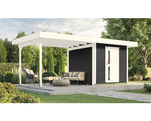 Gartenhaus weka DH 172 B Gr. 2 inkl. Fußboden 575 x 375 cm anthrazit Gartenhaus mit überdachter Terrasse und Gartenmöbeln
