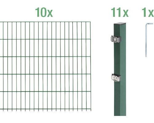 Doppelstabmattenset ALBERTS Typ 6/5/6 2000 x 140 cm grün Komplettset für Doppelstabmattenzaun mit Zaunelementen, Zaunpfosten und Werkzeug