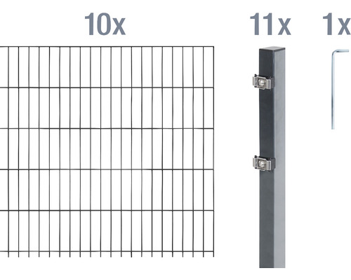 Doppelstabmattenset ALBERTS Typ 6/5/6 2000 x 140 cm anthrazit Zaun Set bestehend aus zehn Zaunelementen, elf Pfosten und einem Schraubenschlüssel