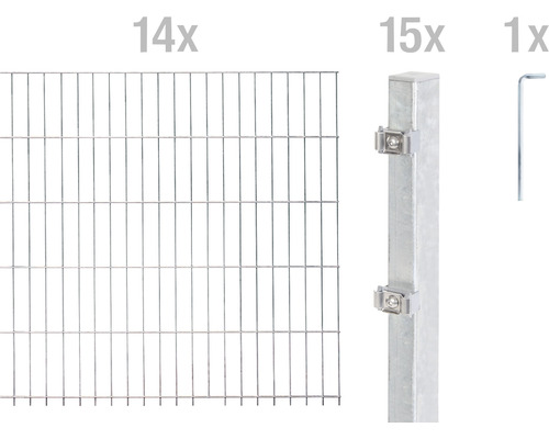 Doppelstabmattenset ALBERTS Typ 6/5/6 2800 x 140 cm feuerverzinkt Komplettes Set für einen Zaun: Vierzehn Zaunelemente, fünfzehn Zaunpfosten und ein Schraubenschlüssel.
