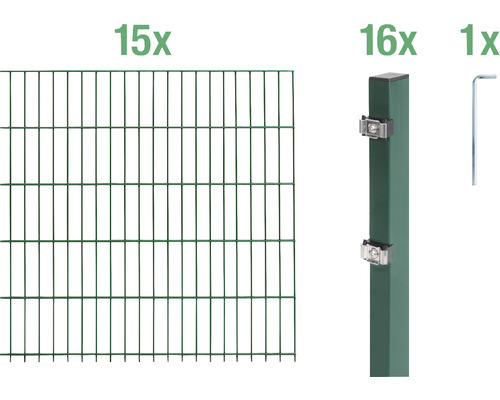 Doppelstabmattenset ALBERTS Typ 6/5/6 3000 x 140 cm grün Doppelstabmattenzaun Set mit Zaunelementen, Zaunpfosten und Werkzeug