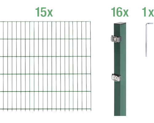 Doppelstabmattenset ALBERTS Typ 6/5/6 3000 x 160 cm grün Zaun Set bestehend aus 15 Zaunelementen, 16 Pfosten und einem Schraubenschlüssel