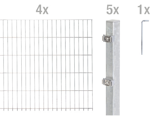 Doppelstabmattenset ALBERTS Typ 6/5/6 800 x 100 cm feuerverzinkt Komponenten für einen Zaun: vier Gittermatten, fünf Zaunpfosten und ein Schraubenschlüssel
