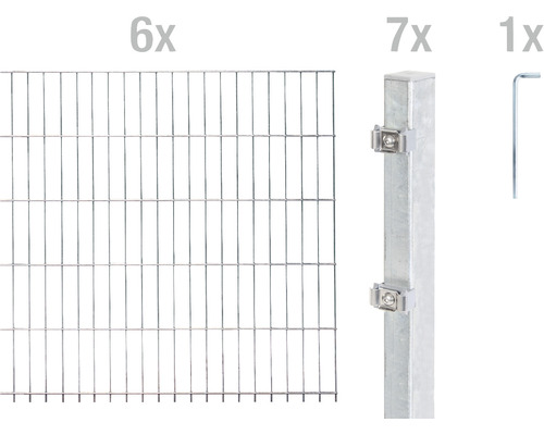 Doppelstabmattenset ALBERTS Typ 6/5/6 1200 x 80 cm feuerverzinkt Sechs Doppelstabmatten, sieben Zaunpfosten und ein Schraubenschlüssel für den Zaunbau