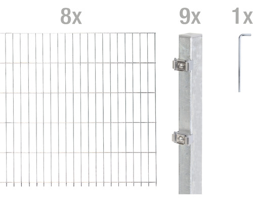 Doppelstabmattenset ALBERTS Typ 6/5/6 1600 x 80 cm feuerverzinkt Acht Doppelstabmatten, neun Zaunpfosten und ein Montagewerkzeug für den Zaunbau