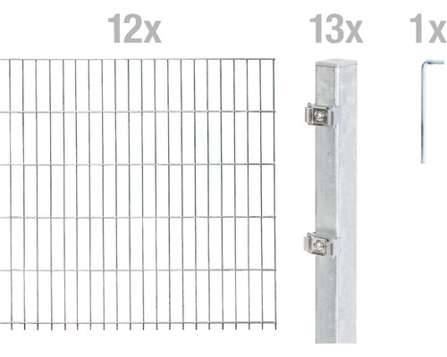 Doppelstabmattenset ALBERTS Typ 6/5/6 2400 x 80 cm feuerverzinkt Zwölf Zaunelemente, dreizehn Zaunpfosten und ein Schraubenschlüssel für den Zaunbau