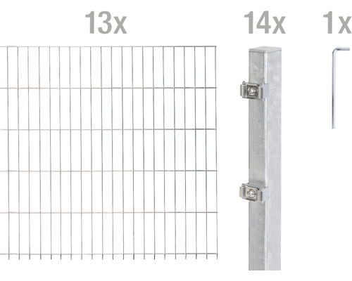 Doppelstabmattenset ALBERTS Typ 6/5/6 2600 x 80 cm feuerverzinkt Dreizehn Doppelstabmatten, vierzehn Zaunpfosten und ein Schraubenschlüssel für den Zaunbau