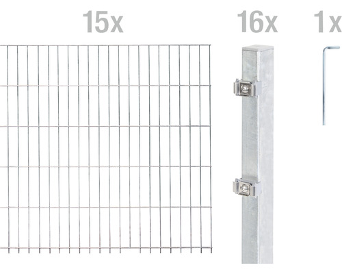 Doppelstabmattenset ALBERTS Typ 6/5/6 3000 x 80 cm feuerverzinkt Zaun Set bestehend aus 15 Zaunelementen, 16 Pfosten und einem Werkzeug
