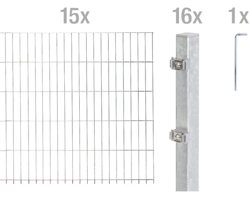 Doppelstabmattenset ALBERTS Typ 6/5/6 3000 x 100 cm feuerverzinkt Komplettset für Doppelstabmattenzaun mit Zaunelementen, Pfosten und Werkzeug
