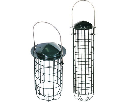 Zwei Futterspender mit Metalldach und Drahtgitter