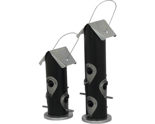 Zwei Vogelfutterspender aus Metall unterschiedlicher Größe