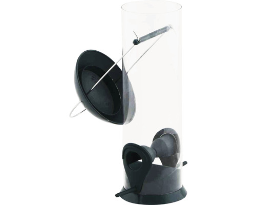 Vogelhaus mit transparentem Behälter und offenem Deckel