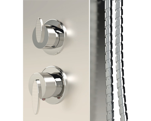 Duscharmatur mit zwei Bedienelementen und Duschschlauch