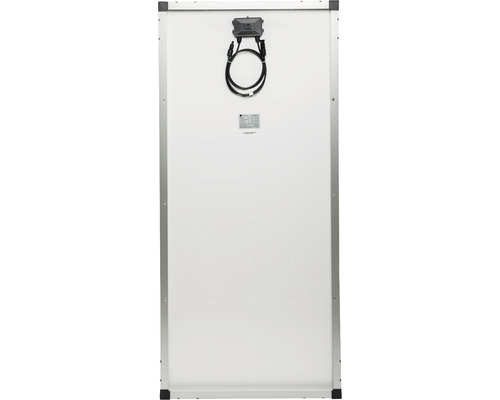 Rückansicht eines Solarmoduls mit Anschlussdose und Kabeln