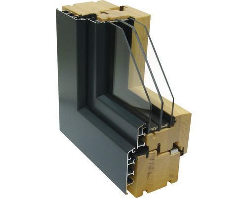 Querschnitt eines Holz-Aluminium-Fensters mit Dreifachverglasung
