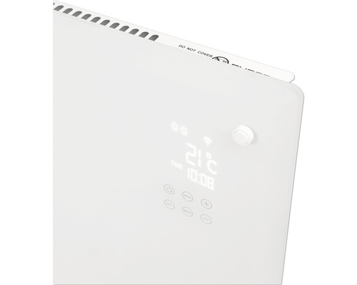 Nahaufnahme eines weißen Heizkörpers mit digitaler Anzeige und Bedienelementen