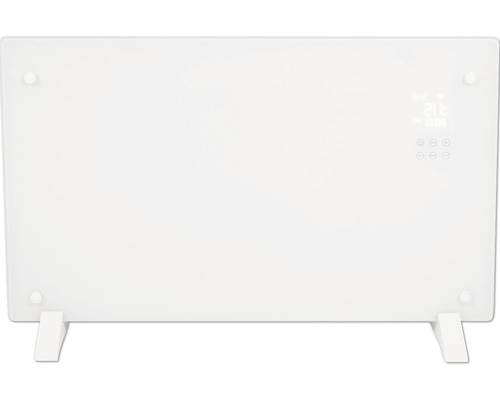 Weiße Glasheizung mit digitaler Anzeige und Standfüßen