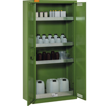Geöffneter Chemikalienschrank mit Regalen und verschiedenen Behältern