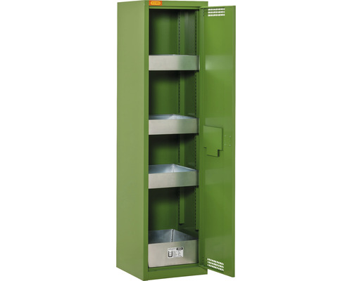 Gefahrstoffschrank mit vier Auffangwannen und offener Tür