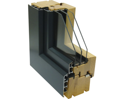 Querschnitt eines Holz-Aluminium-Fensters mit Dreifachverglasung