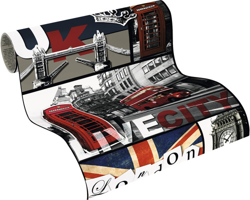 Tapetenrolle mit London Motiven wie Union Jack, Tower Bridge, roter Telefonzelle und Doppeldeckerbus