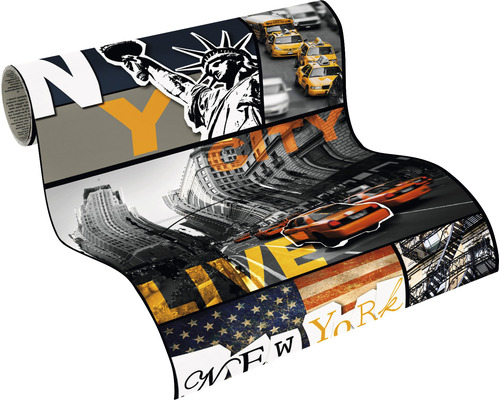 Tapetenrolle mit New York Motiven, inklusive Freiheitsstatue, Taxis und amerikanischer Flagge.
