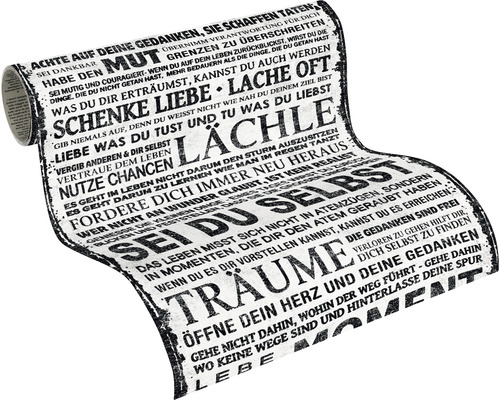Tapetenrolle mit aufgedruckten Lebensweisheiten in verschiedenen Schriftarten