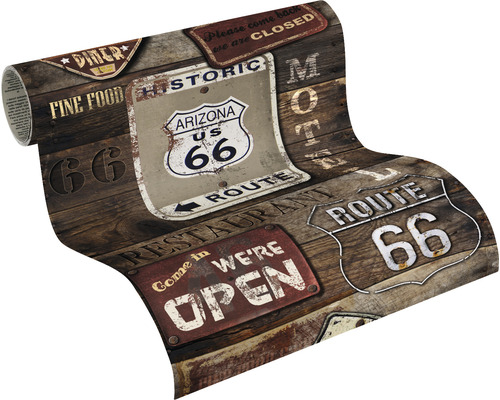 Tapete mit Route 66 und Holzoptik