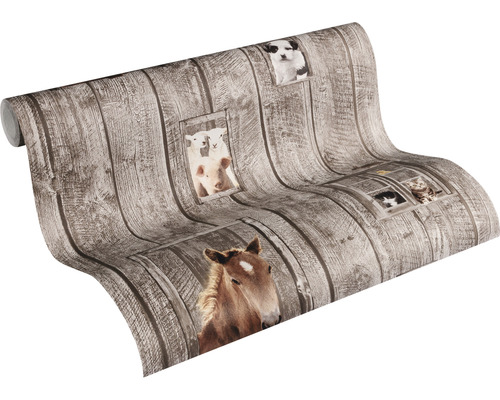 Tapetenrolle mit Holzdielenoptik und Tierbildern