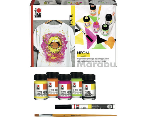 Marabu Textil Neon Set mit Textilfarben, Textilstiften und Pinsel