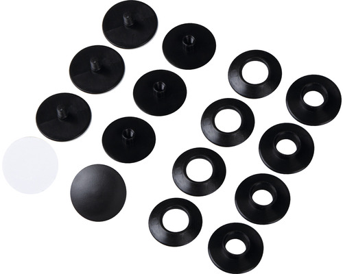 Sortiment aus schwarzen Kunststoffabdeckkappen und Unterlegscheiben