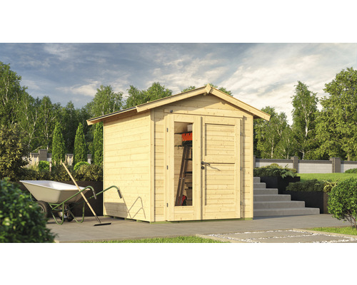 Gartenhaus weka 224 A Gr. 1 inkl. Fußboden 260 x 233 cm natur Gartenszene mit Gerätehaus aus Holz, Schubkarre und Gartengeräten