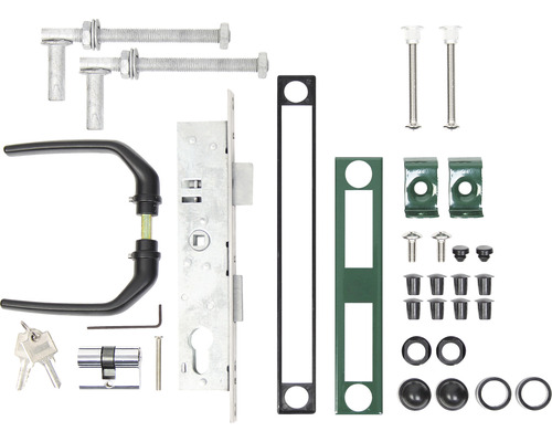 Zubehör-Set ALBERTS für Wellengitter-Tore bis 1500 mm Höhe grün Türbeschlagset mit Drückergarnitur, Schlosskasten, Schliesszylinder und Montagezubehör