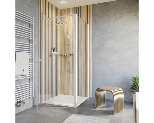 Duschtür mit Seitenwand SCHULTE Trend 2,0 90 x 90 cm Profilfarbe weiß Klarglas Badezimmer mit Duschkabine, Heizkörper und Hocker