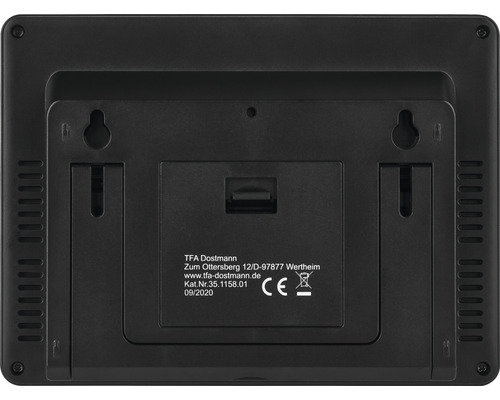 Rückseite einer Wetterstation mit Aufhängevorrichtung und Informationen des Herstellers TFA Dostmann