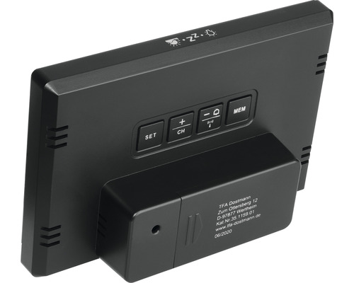 Rückseite einer Wetterstation mit Bedienelementen