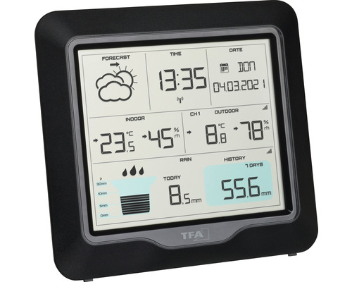 Wetterstation mit Anzeige von Innen- und Außentemperatur, Luftfeuchtigkeit und Wettervorhersage