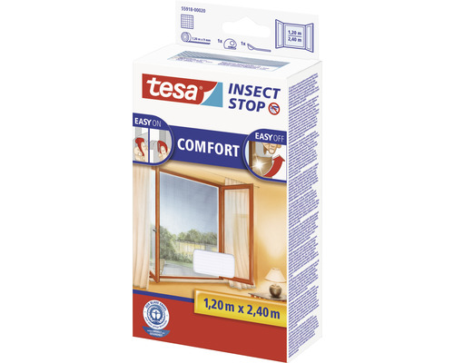 Tesa Insect Stop Comfort Insektenschutzgitter für Fenster, 1,20 Meter mal 2,40 Meter, Verpackung